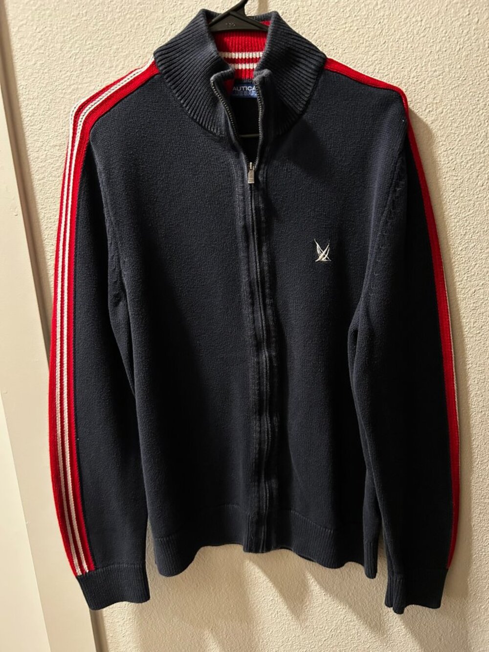 Nautica Blue Sail Full Zip Knit Sweater Jacket Medium Navy Red Striped Sleeve